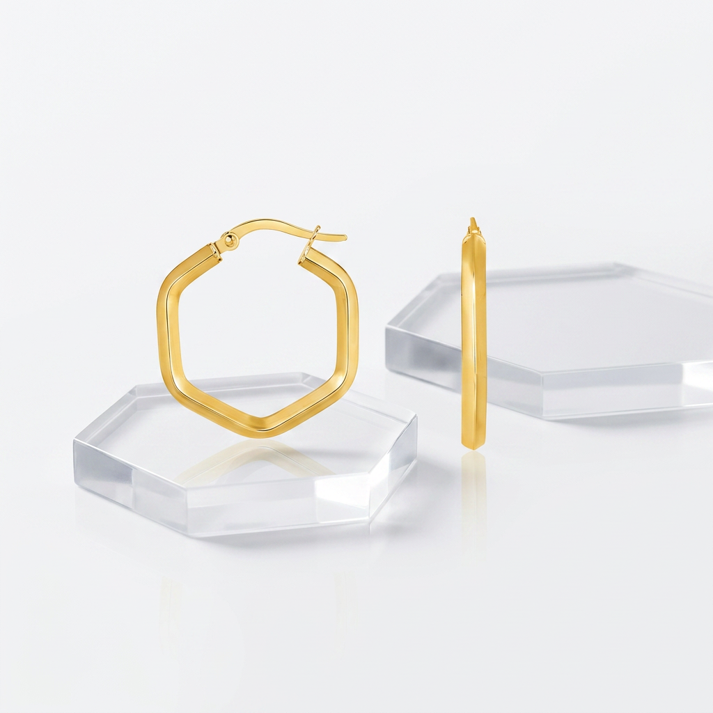 14k Yellow Gold Shiny Hexagon Hoop Earrings