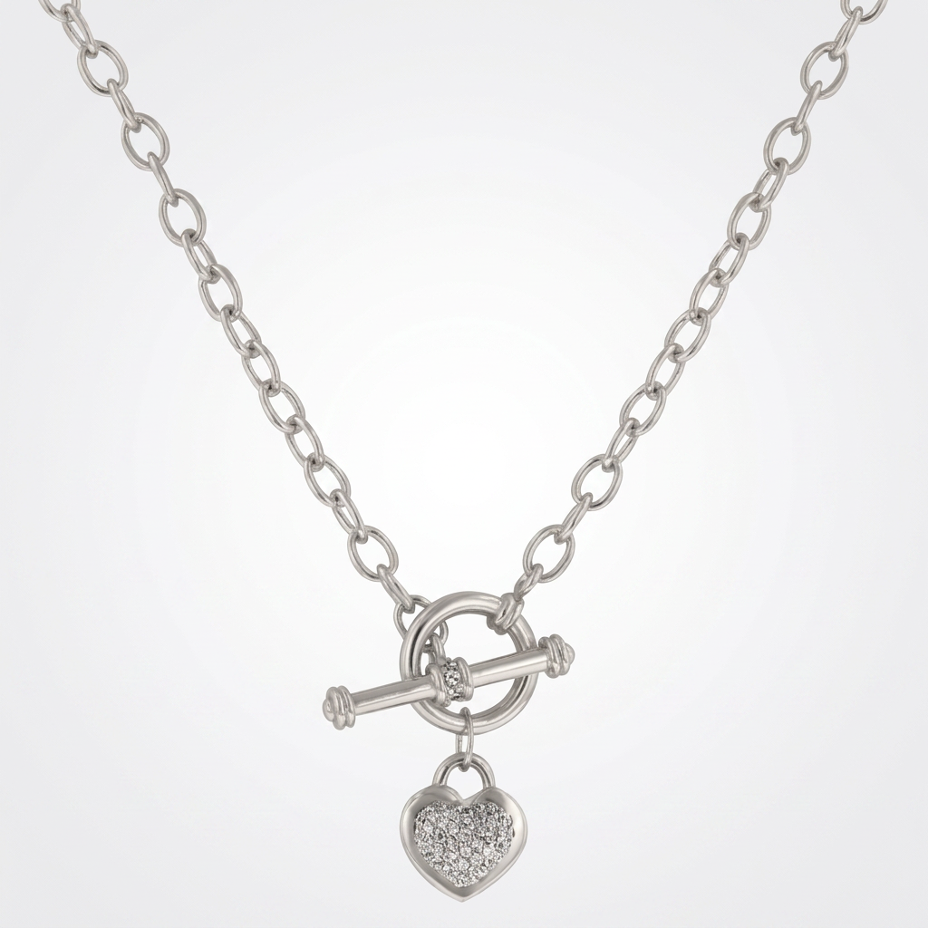 Avera Toggle Pave Heart Necklace in Polished Silver