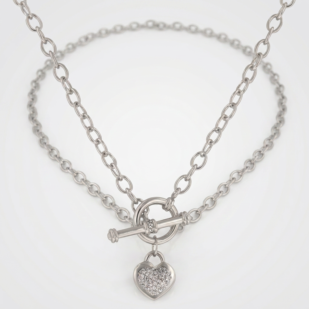 Avera Toggle Pave Heart Necklace in Polished Silver