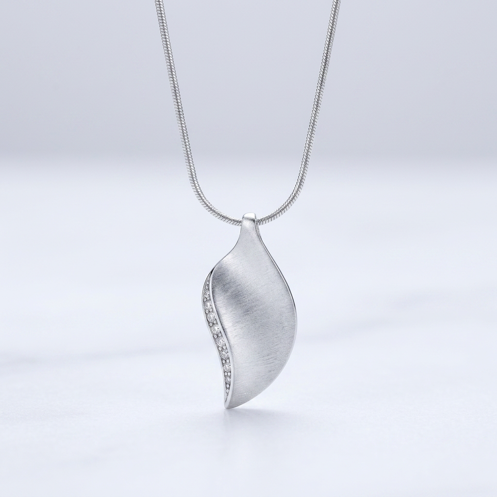 Avera Crystal Leaf Necklace in Polished Silver