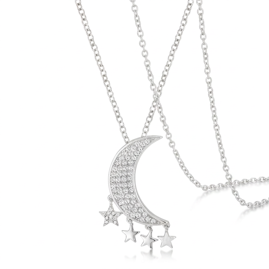 Avera .6Ct Dazzling Moon and Stars Necklace with CZ