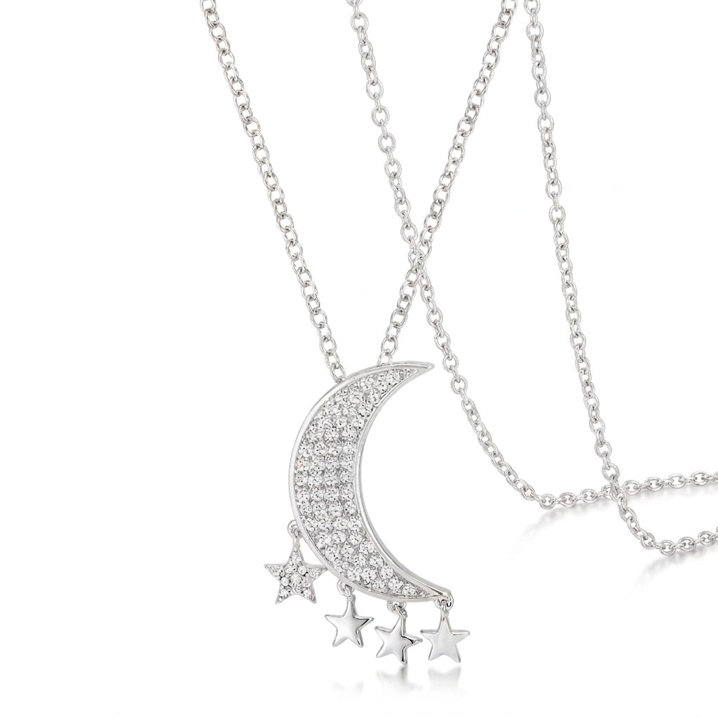 Avera .6Ct Dazzling Moon and Stars Necklace with CZ