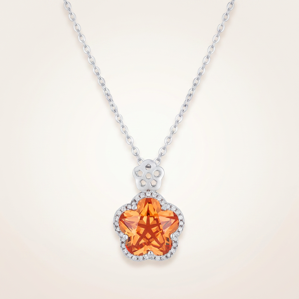 Avera Floral Cut Cubic Zirconia Pendant Necklace in Orange