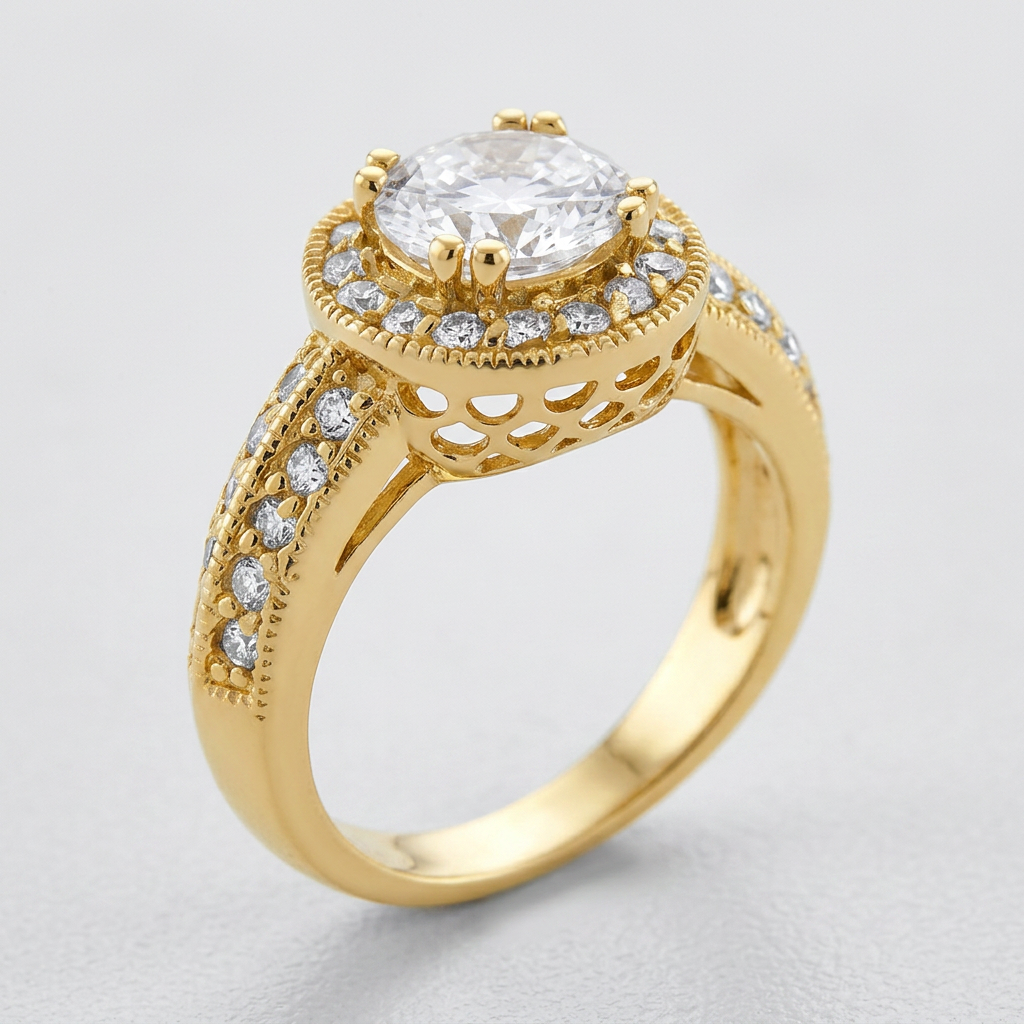 Avera Pave Halo Vintage Crown Ring in 14k Gold