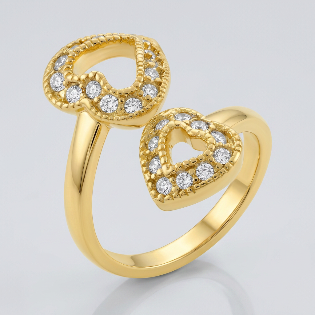 Avera Dual Pave Hearts Ring in Polished Gold Finish