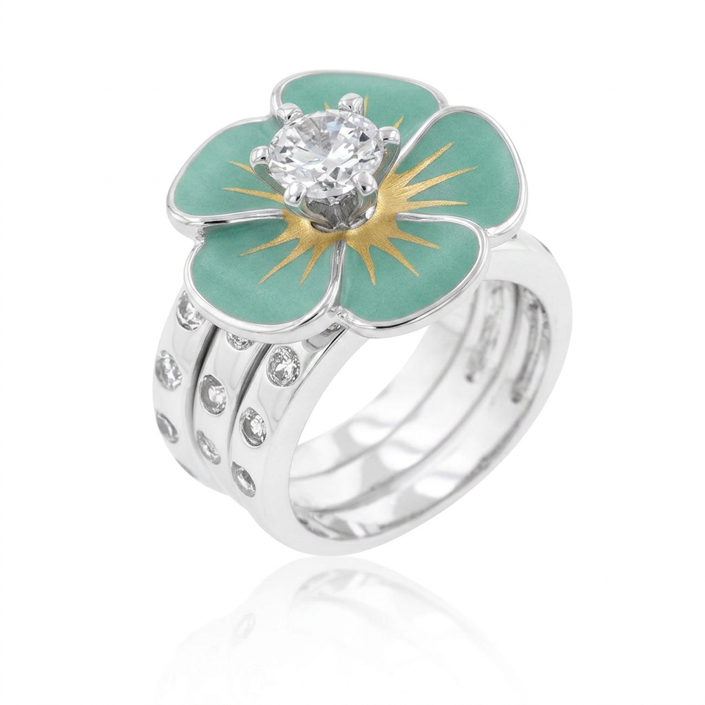 Avera Floral Bezel Set Engagement Ring Set in Silver Tone