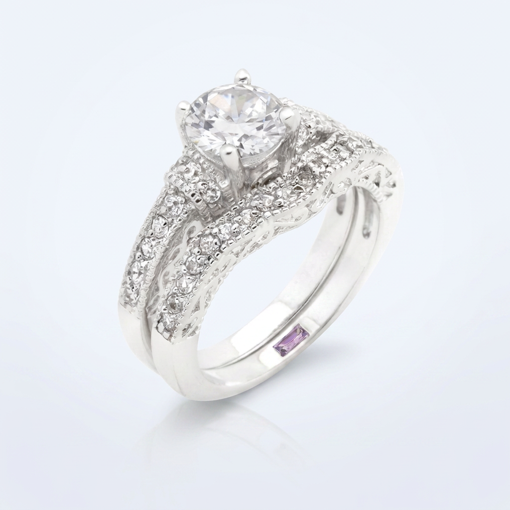 Avera Art Deco Round Cut Bridal Set in Radiant Silver
