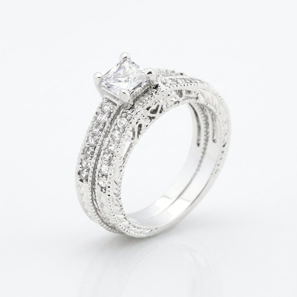 Avera Princess Cut Filigree Bridal Ring Set in Sterling Silver