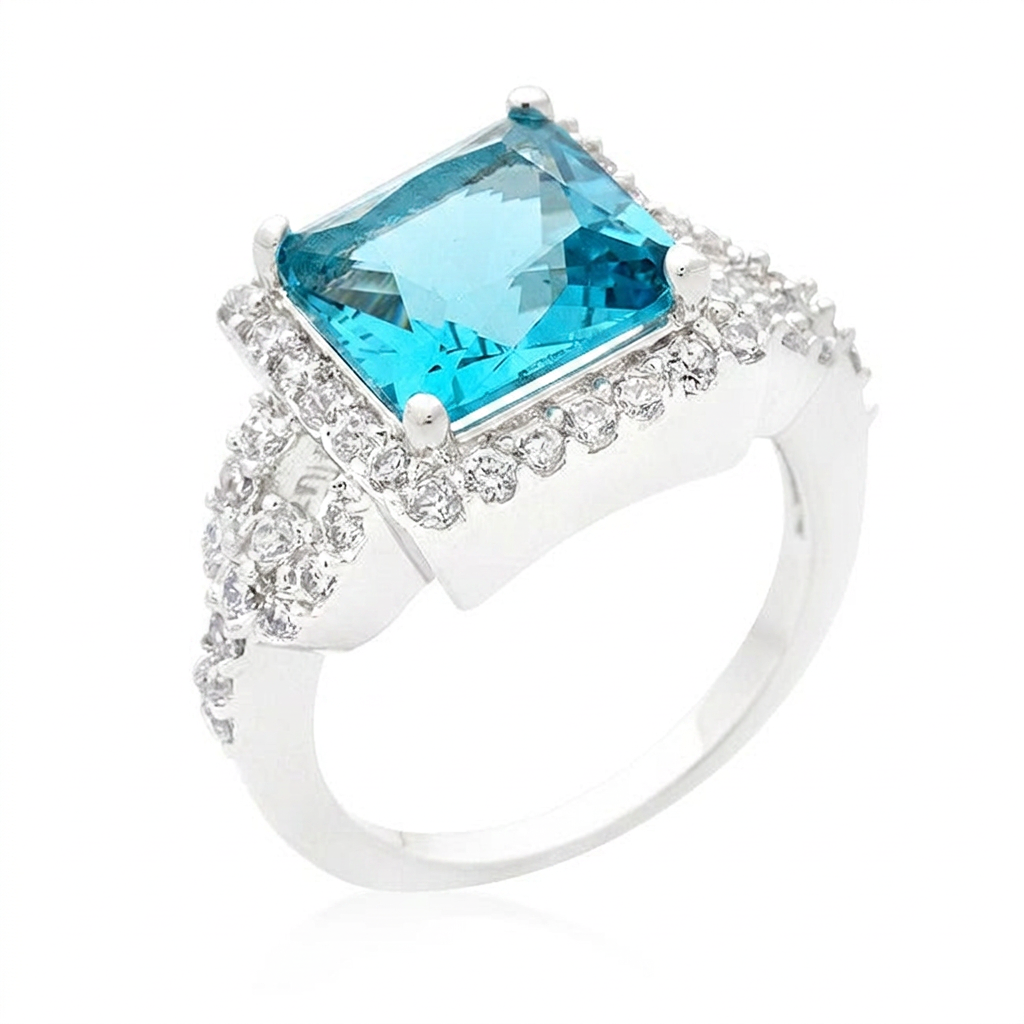 Avera Halo Style Princess Cut Cocktail Ring in Turquoise/Aqua