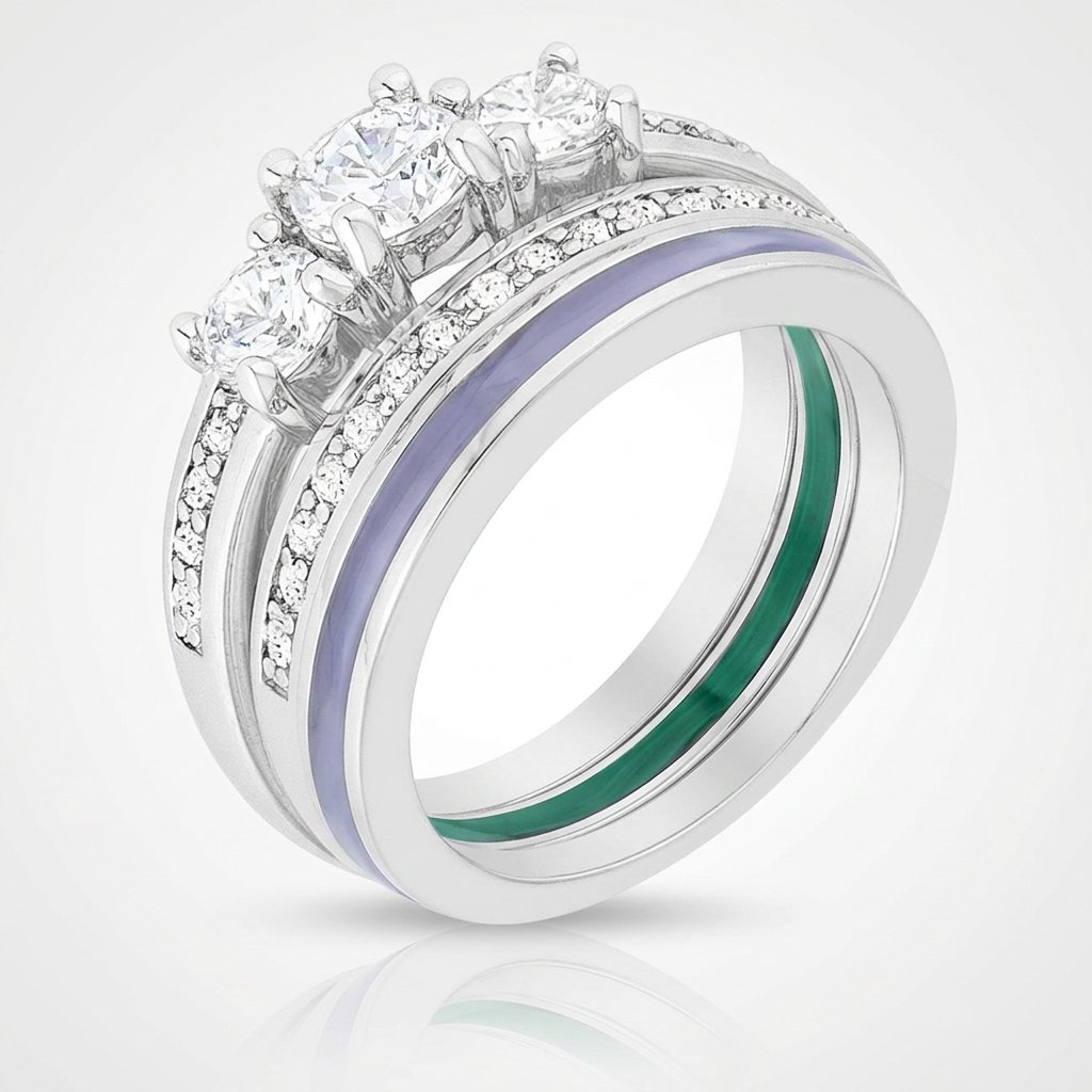 Avera Three Stone Wedding Ring Set In Radiant Silver