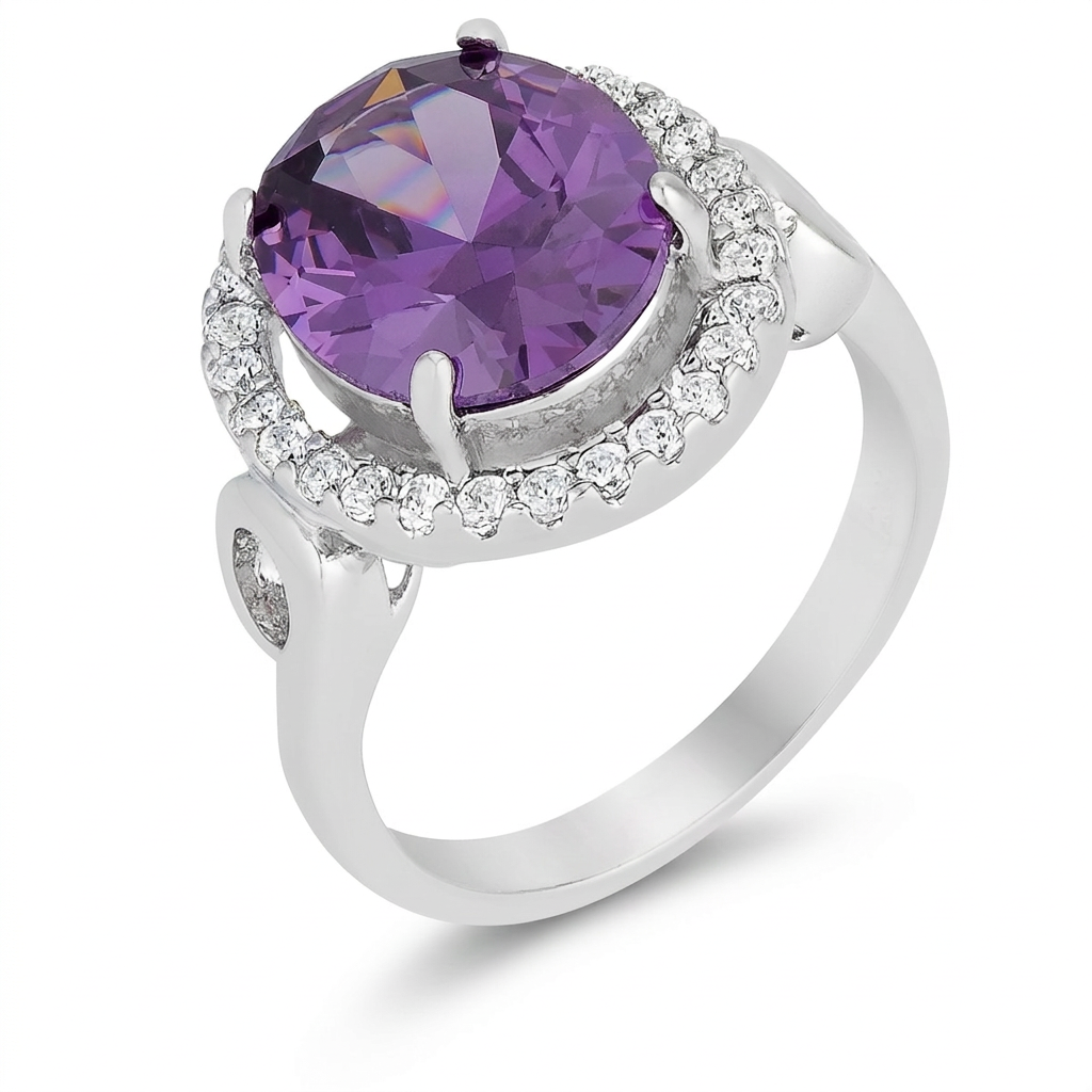 Avera Amethyst Halo Cocktail Ring in Sterling Silver