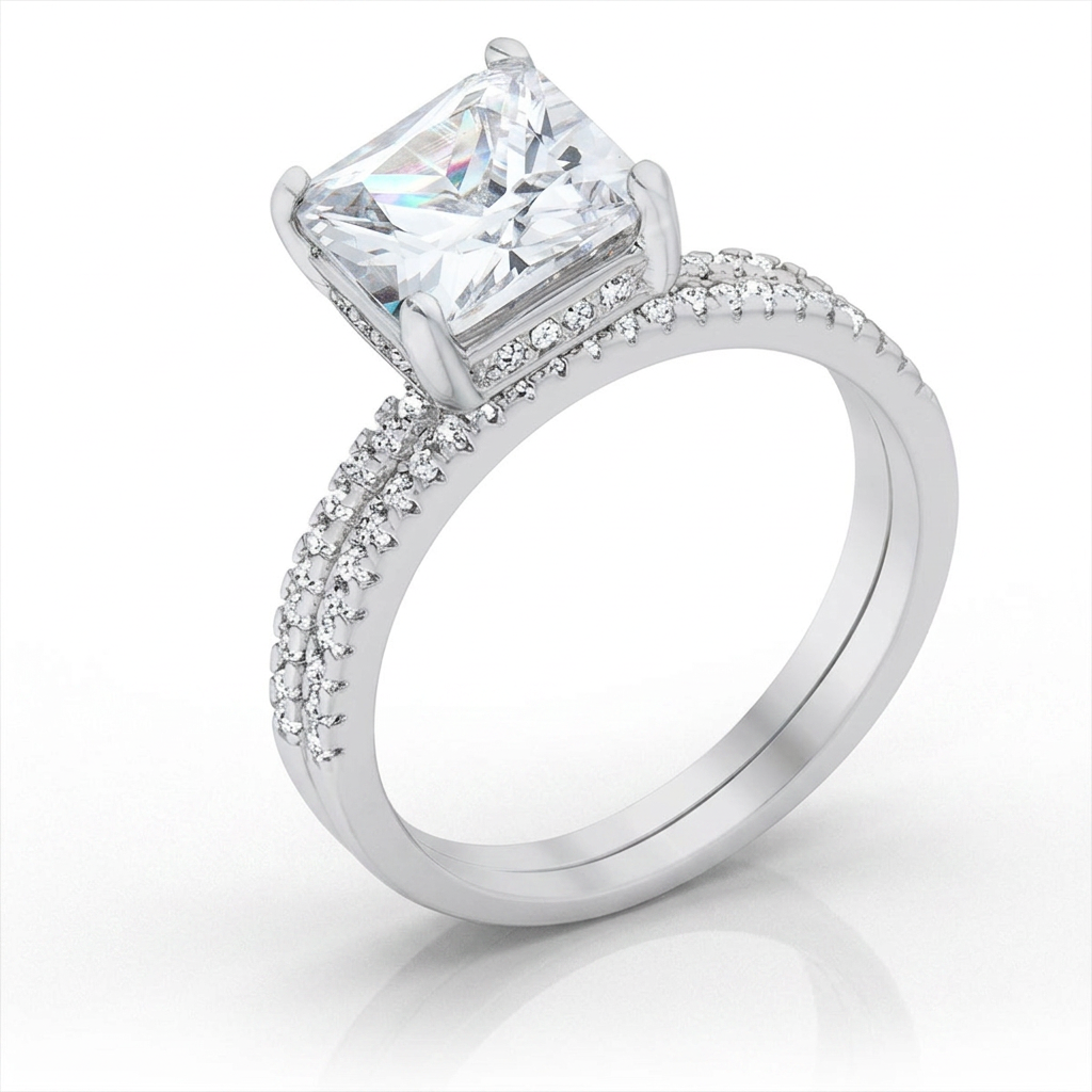 Avera Princess Solitaire Wedding Set Ring in Sterling Silver