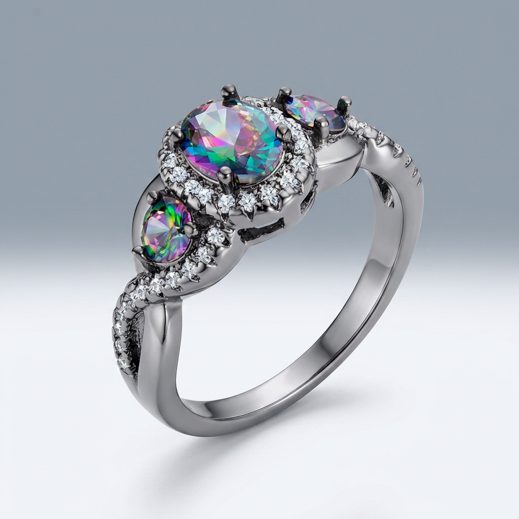 Avera 1.43Ct Hematite Plated Mystic And Cubic Zirconia Three Stone Twisted Shank Ring