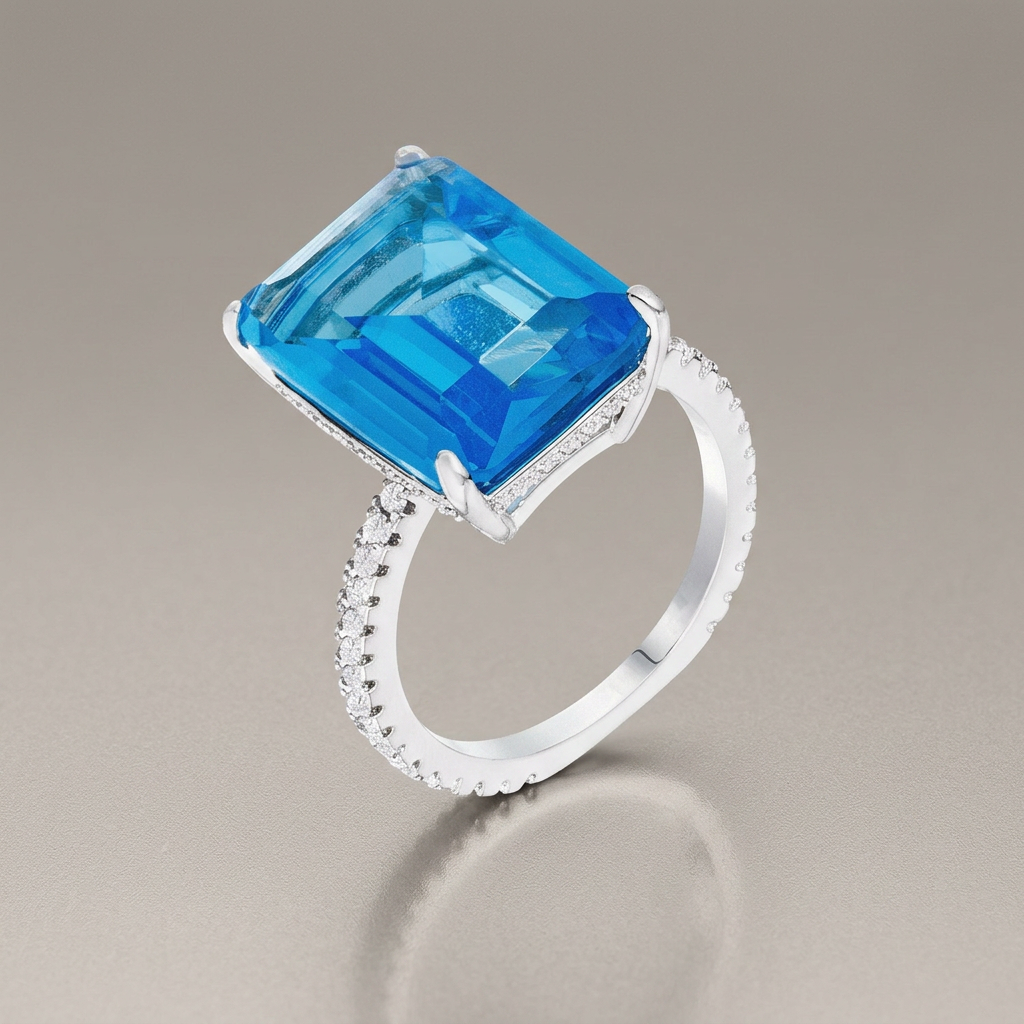 Avera 15Ct Plated Emerald Cut Pave Ring With Blue Stone