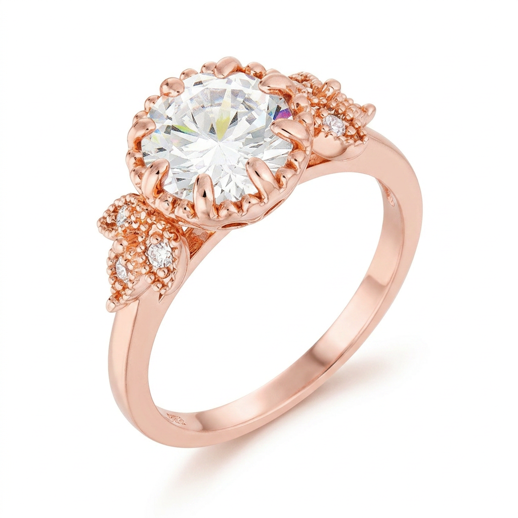 Avera 2Ct Plated Round Cut CZ Trio Laurel Leaf Engagement Ring