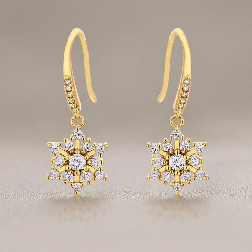 Avera Dainty Snowflake Drop Earrings in Polished Gold