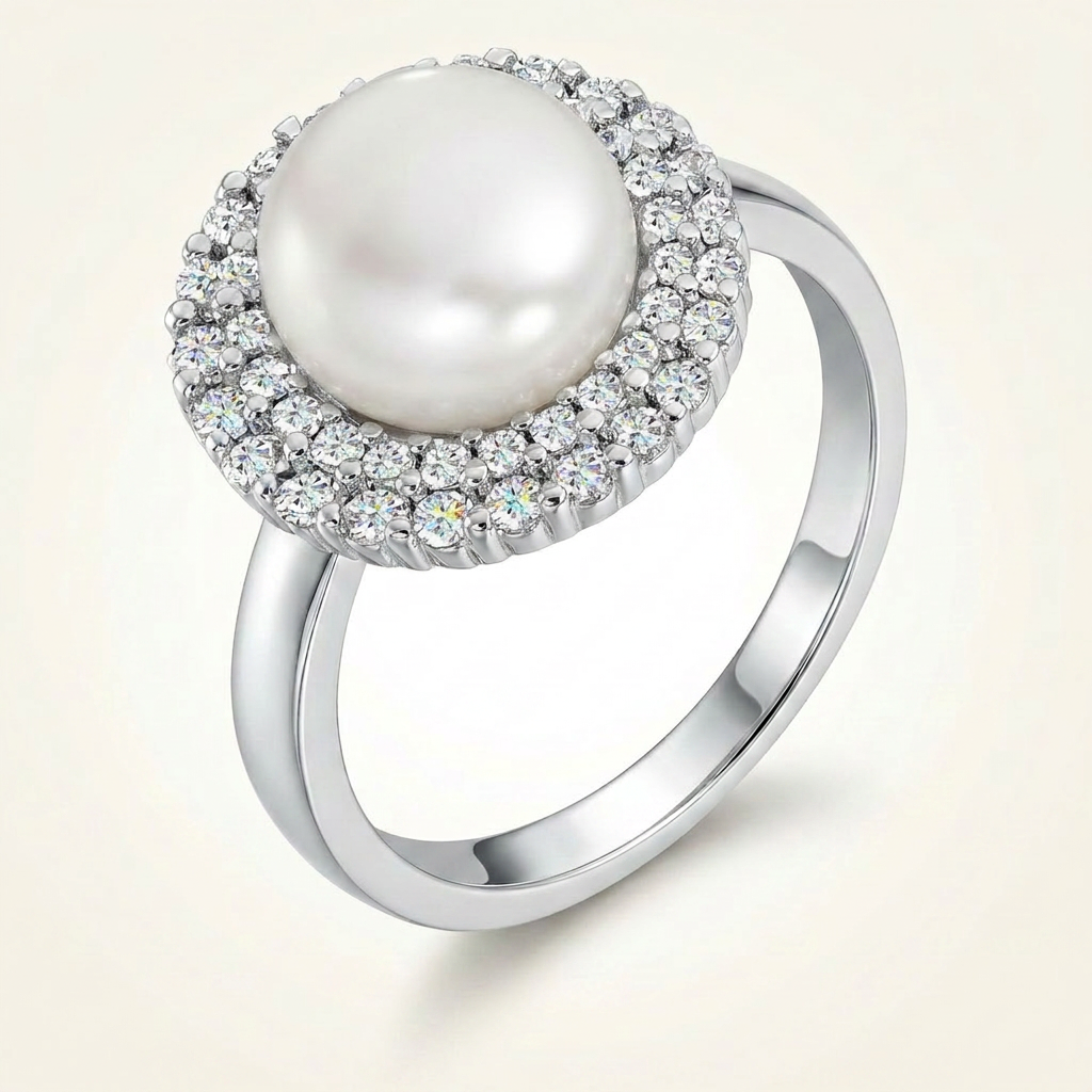 Avera Ethereal Pearl Double Halo Cocktail Ring in Silver