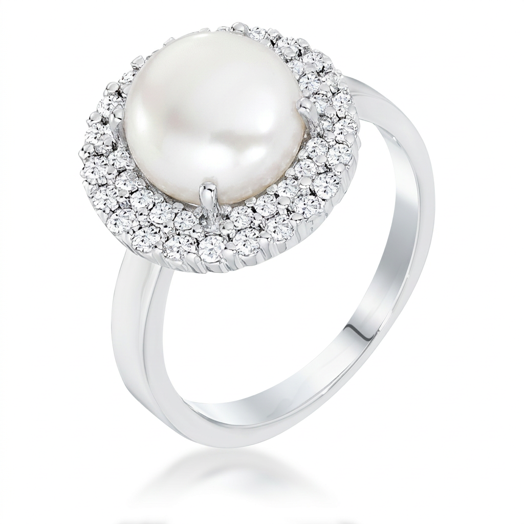Avera Ethereal Pearl Double Halo Cocktail Ring in Silver