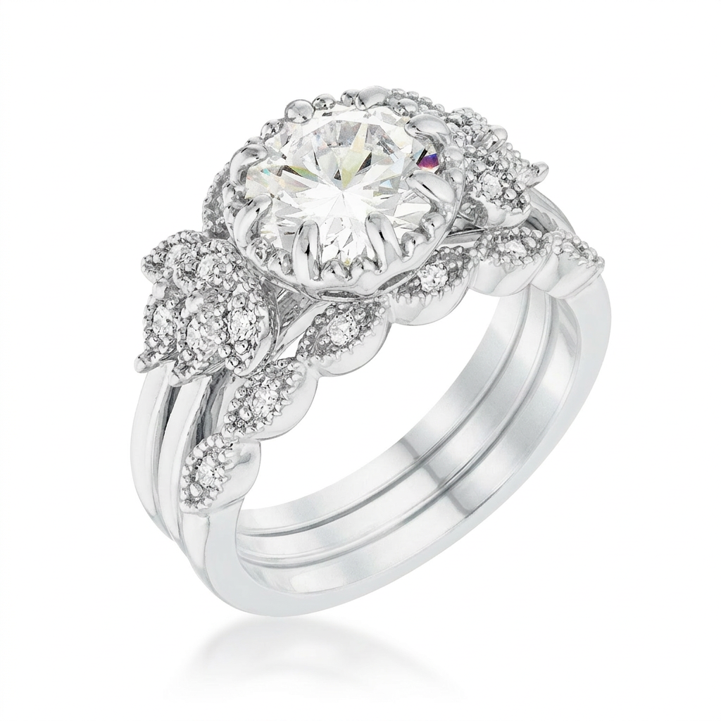 Avera 2.25Ct Round Cut Cubic Zirconia Trio Laurel Leaf Engagement Set