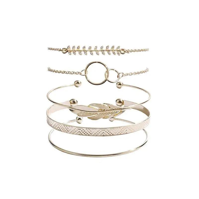 Luxruy Modern Bohemian Gold Color Moon Leaf Crystal Opal Open Bracelet Set for Women In Boho Beach Bangle Jewelry Style