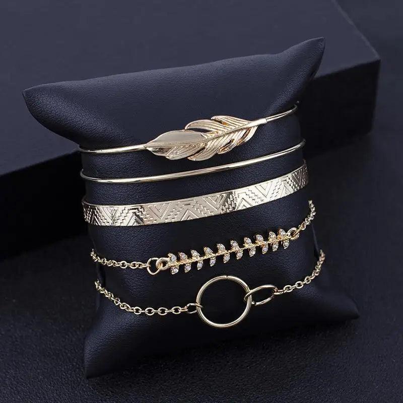 Luxruy Modern Bohemian Gold Color Moon Leaf Crystal Opal Open Bracelet Set for Women In Boho Beach Bangle Jewelry Style