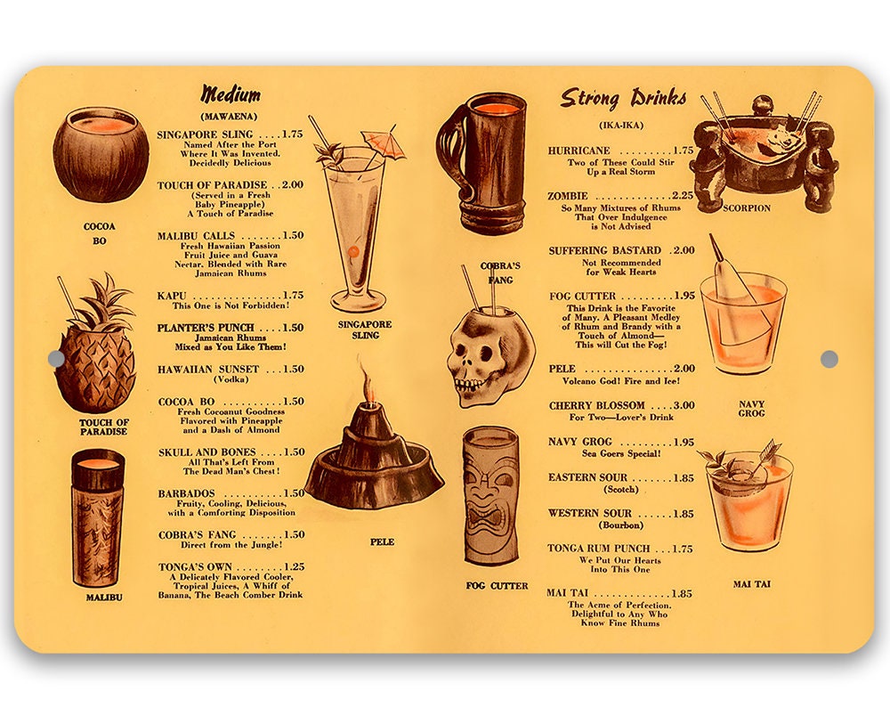 Tiki Drinks Menu - Metal Sign
