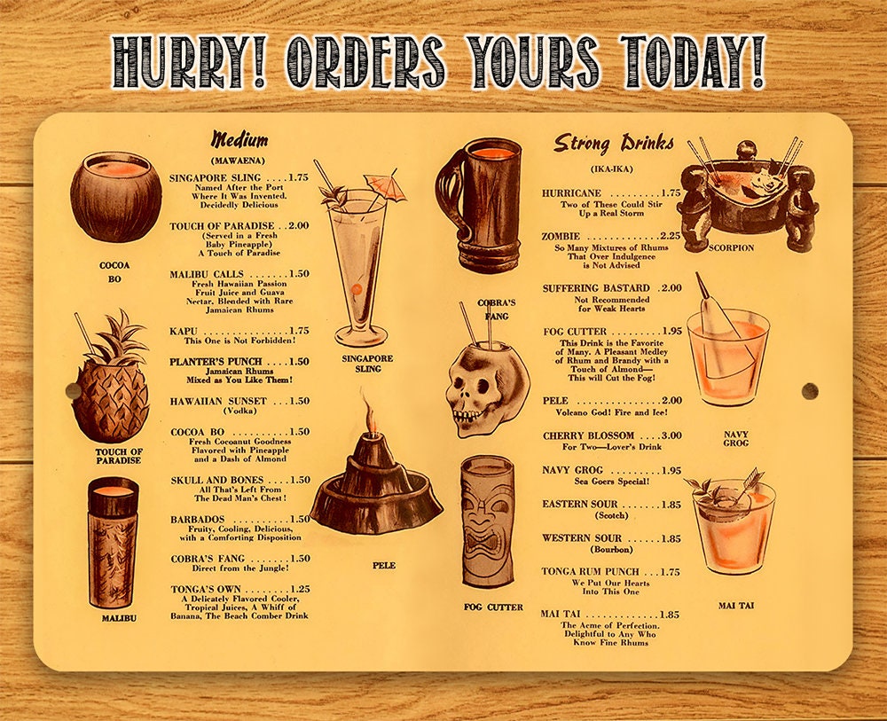 Tiki Drinks Menu - Metal Sign