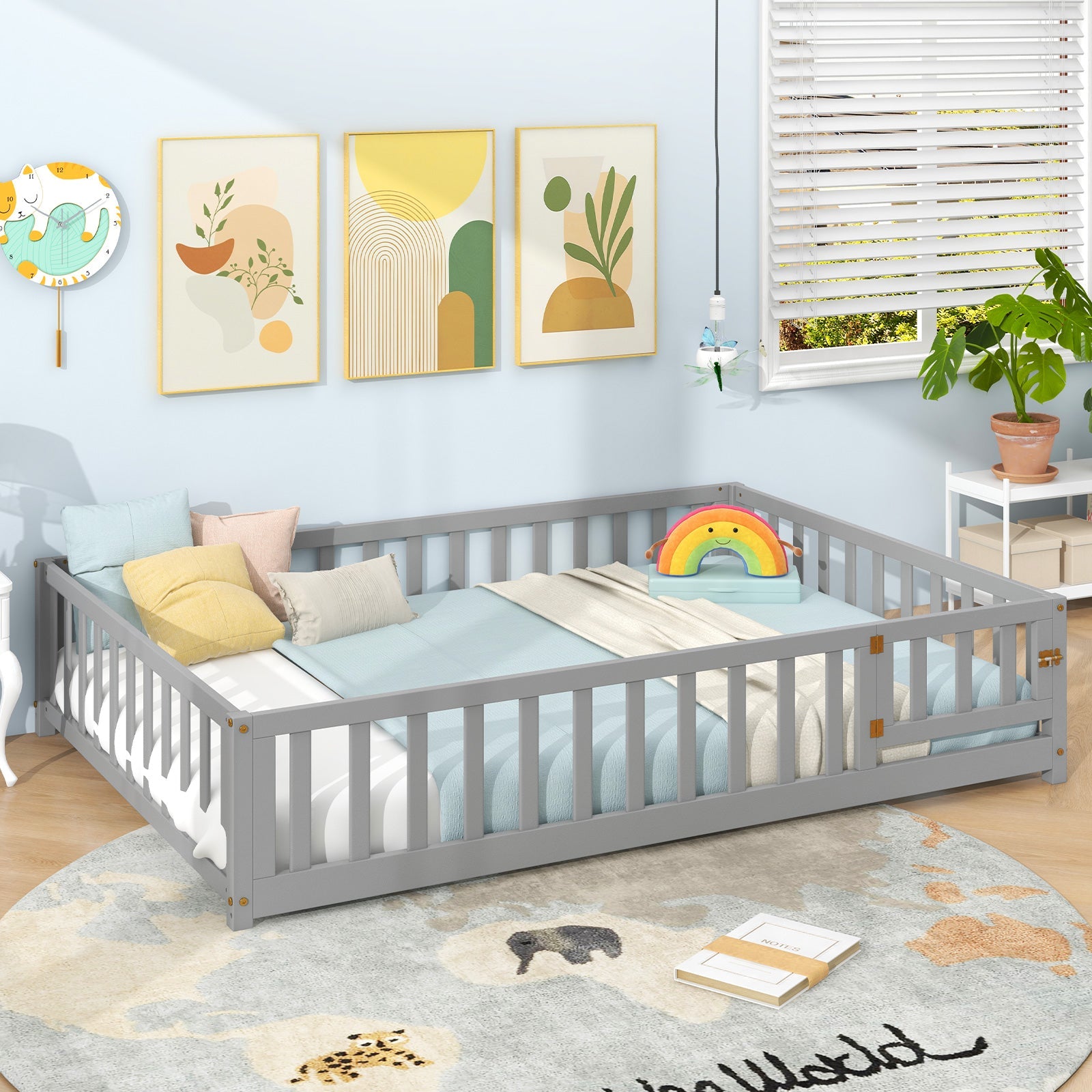 Montessori Bed Frame with Full-length Guardrails Safety Door and Latch-Gray