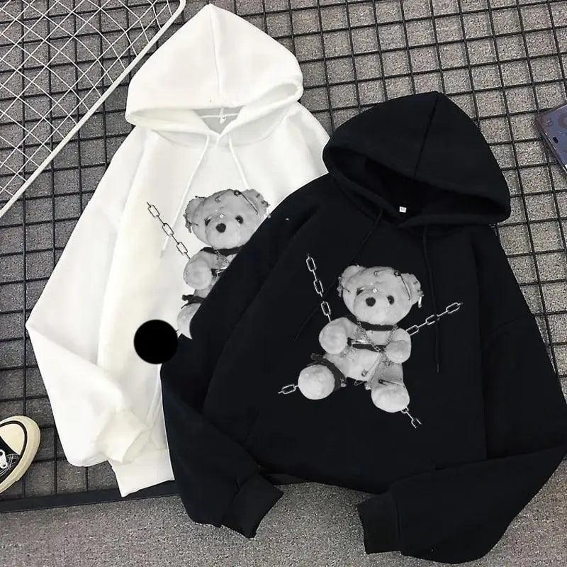 New Dark Hoodies Women Sweatshirts Female Casual Fashion Vintage Oversized Punk Fun Hip Hop Long Bear Long Sleeve Drawstring Hoodie Sweatshirt