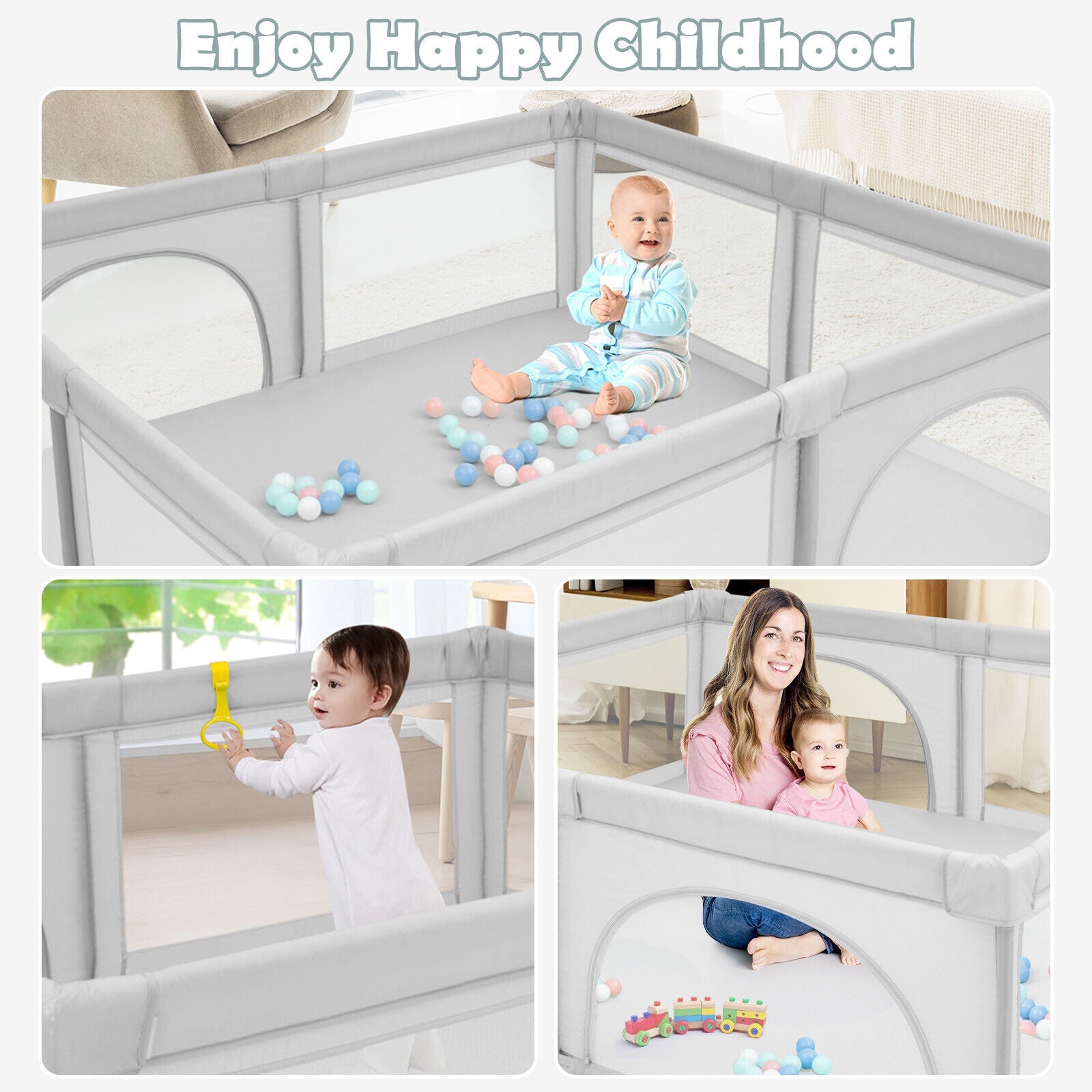 Large Infant Baby Playpen Safety Play Center Yard with 50 Ocean Balls-Gray