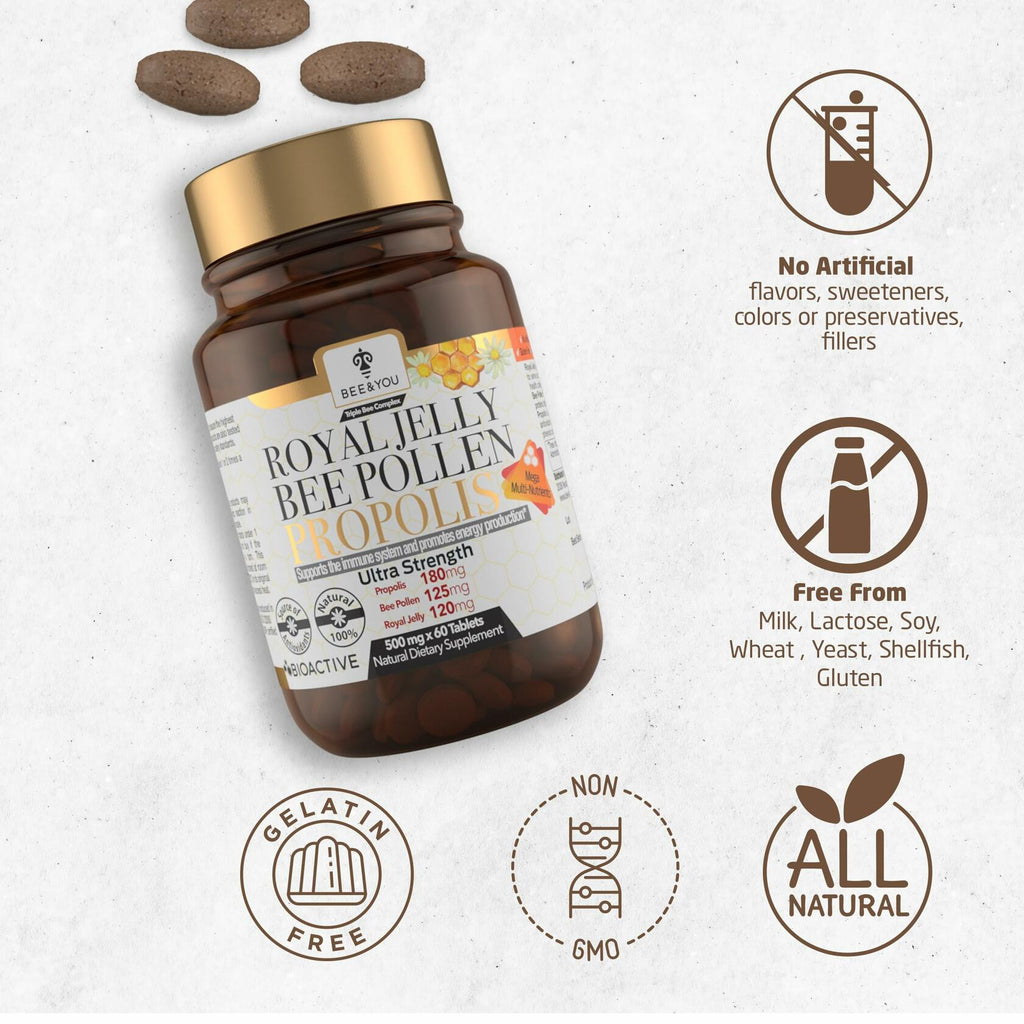 Bee and You Royal Jelly Tablet, Propolis Extract, Bee Pollen, 100% Natural 60ct EXP 12/2026