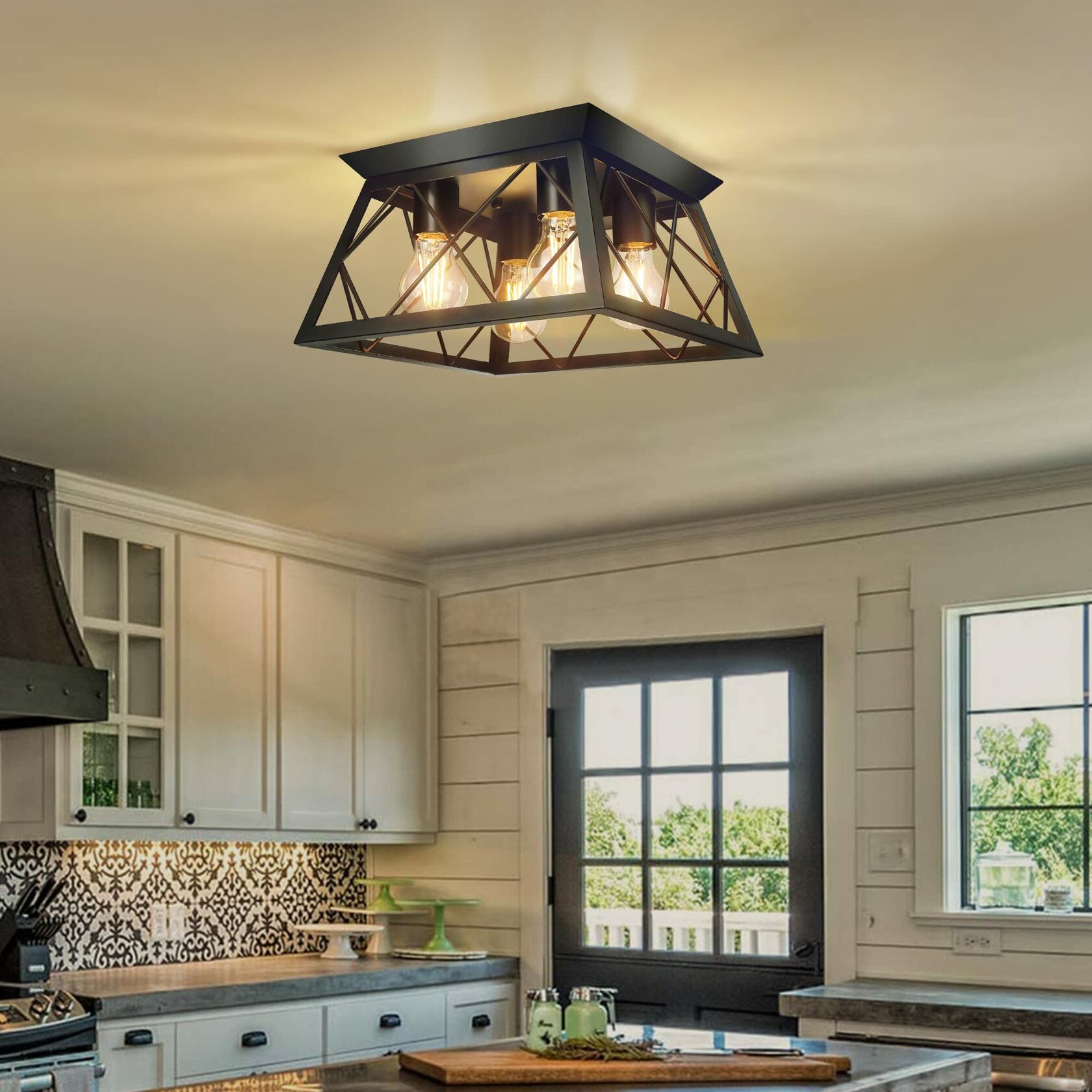 4-Light Flush Mount Ceiling Light, Black Industrial Close, Dimensions Not Included, Bulb Not Included