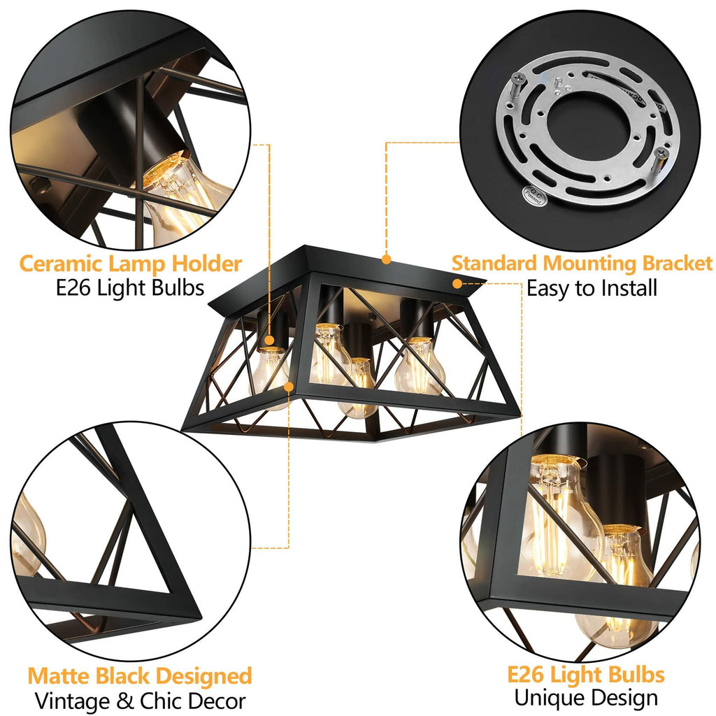 4-Light Flush Mount Ceiling Light, Black Industrial Close, Dimensions Not Included, Bulb Not Included