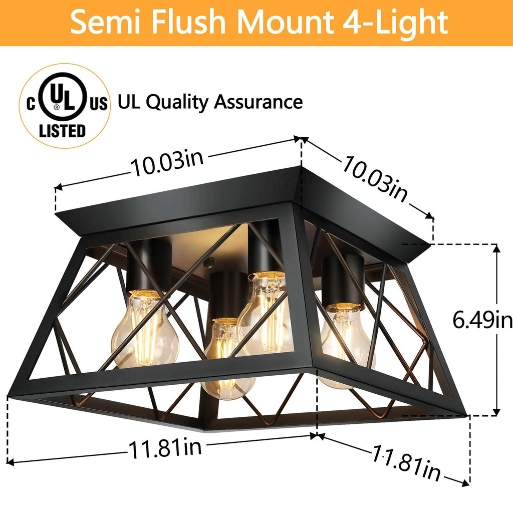 4-Light Flush Mount Ceiling Light, Black Industrial Close, Dimensions Not Included, Bulb Not Included
