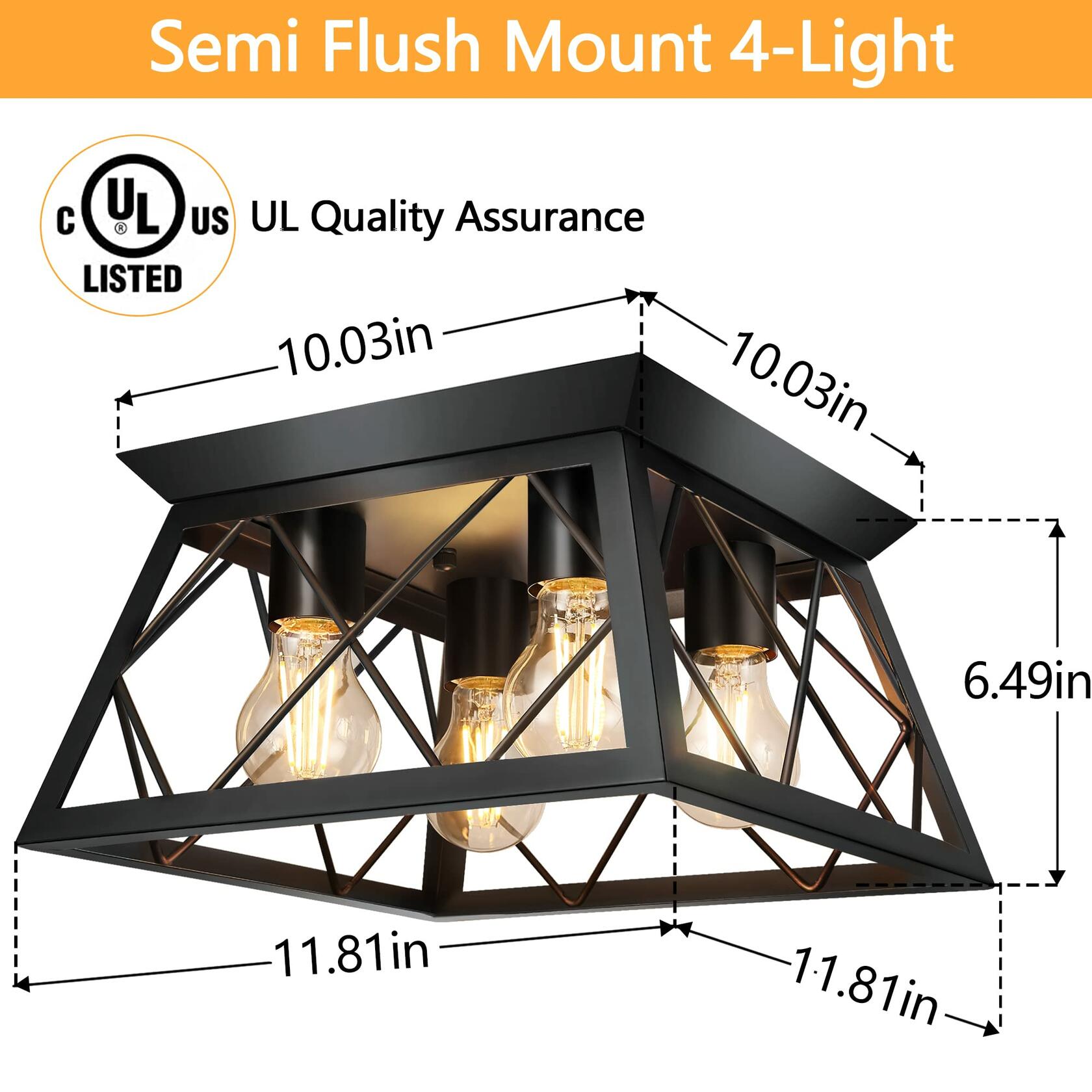 4-Light Flush Mount Ceiling Light, Black Industrial Close, Dimensions Not Included, Bulb Not Included