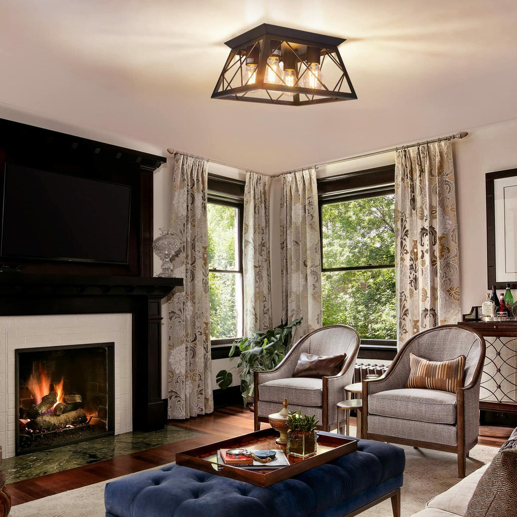 4-Light Flush Mount Ceiling Light, Black Industrial Close, Dimensions Not Included, Bulb Not Included