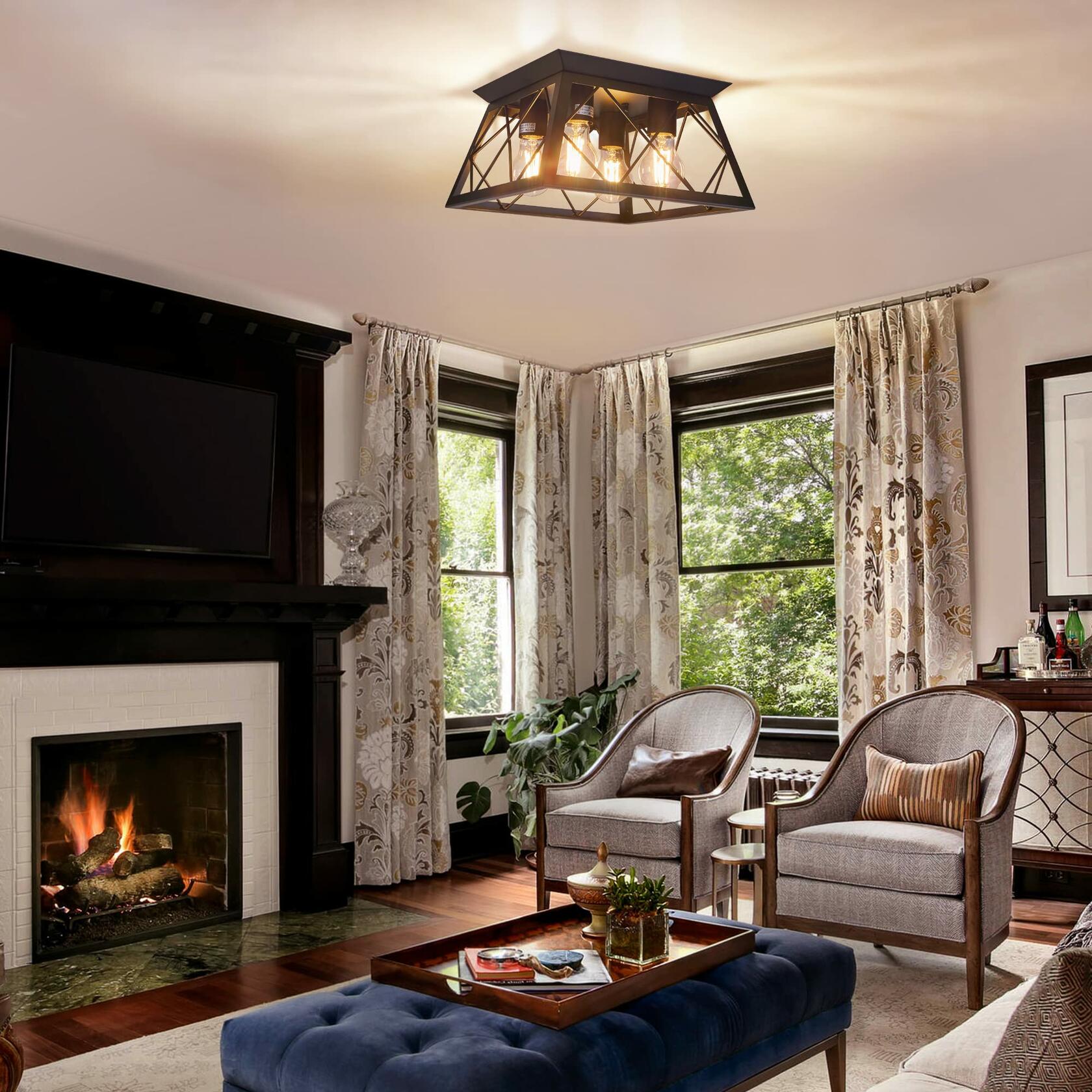 4-Light Flush Mount Ceiling Light, Black Industrial Close, Dimensions Not Included, Bulb Not Included
