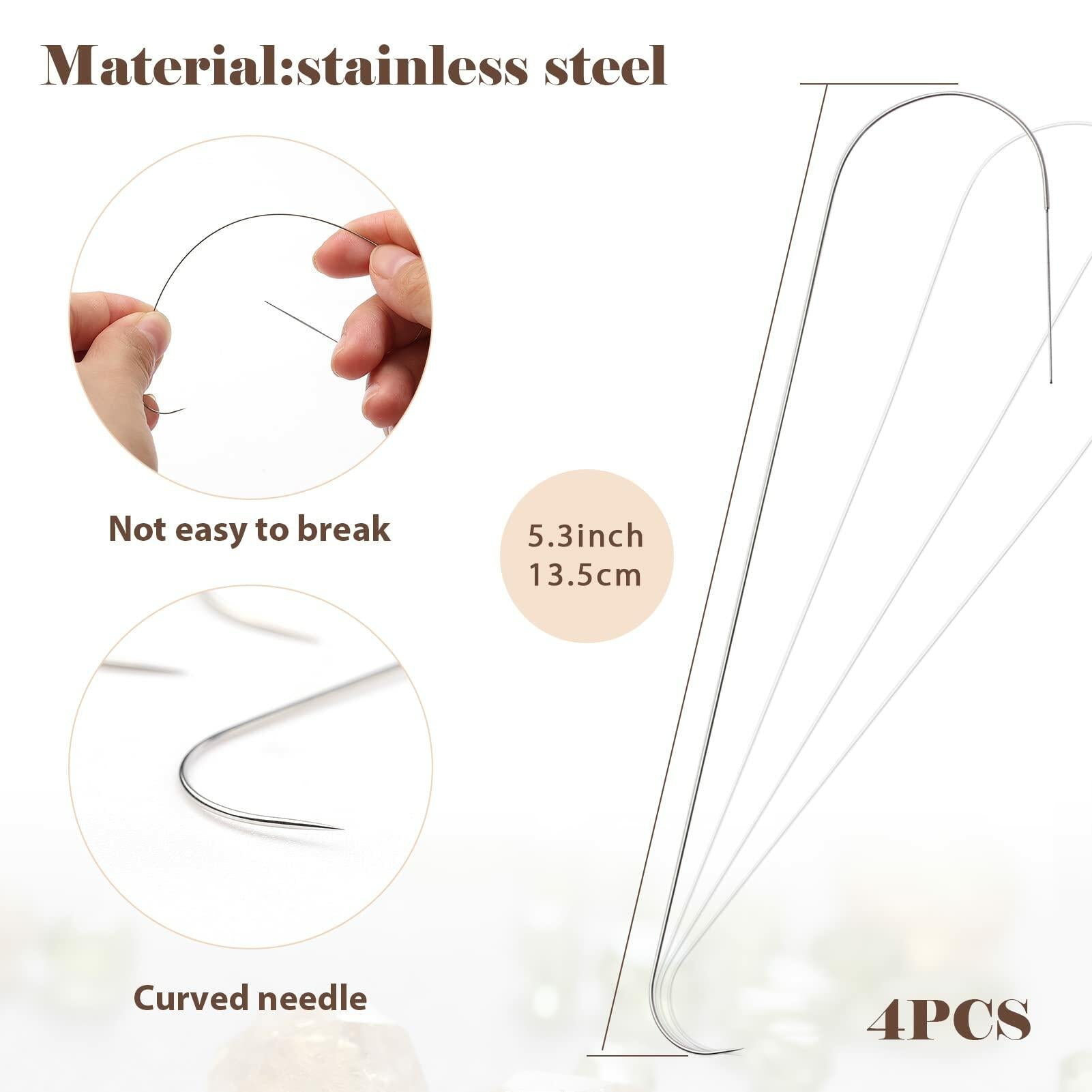 4 Pieces Large Eye Curved Beading Needles with Handle,5.3" Stainless Bead Needle