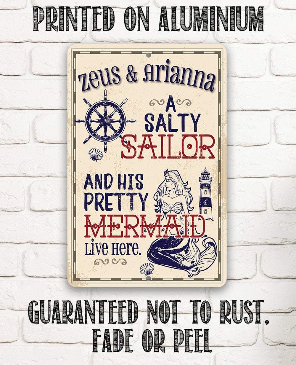 Personalized - A Salty Sailor and Pretty Mermaid - Metal Sign