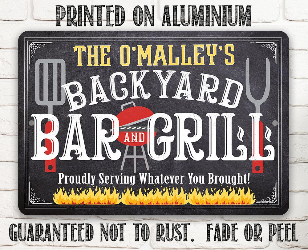 Personalized - Backyard Bar and Grill (Chalkboard Look) - Metal Sign