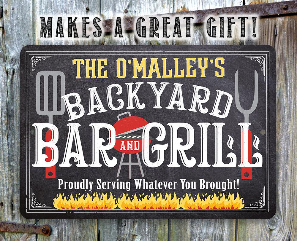 Personalized - Backyard Bar and Grill (Chalkboard Look) - Metal Sign