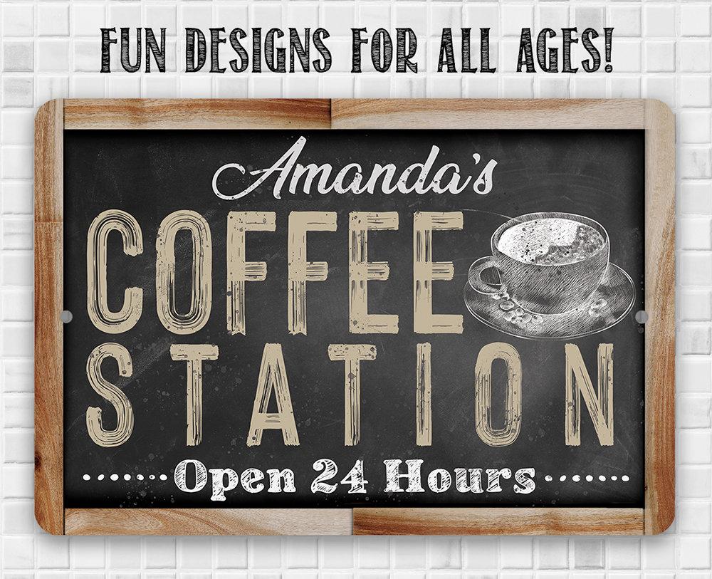 Personalized - Coffee Station Open 24 Hours (Chalkboard Look) - Metal Sign