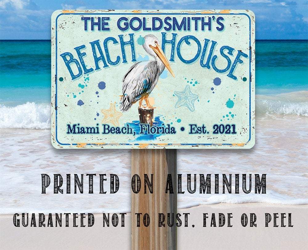 Personalized - Pelican Beach House - Metal Sign