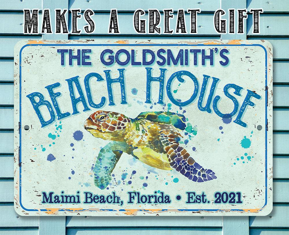 Personalized - Sea Turtle Beach House - Metal Sign