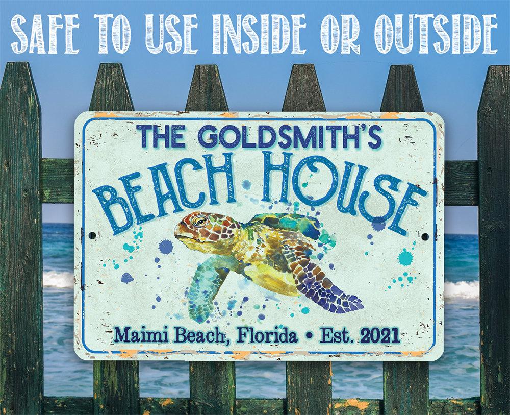 Personalized - Sea Turtle Beach House - Metal Sign