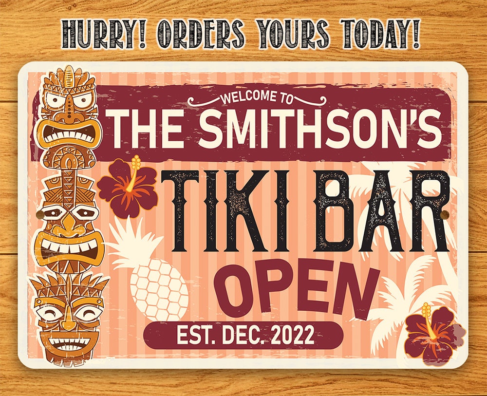 Personalized - Tiki Bar Open - Metal Sign