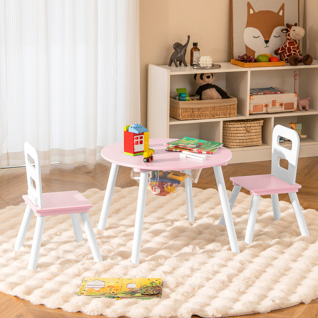 Wood Activity Kids Table and Chair Set with Center Mesh Storage for Snack Time and Homework-Pink