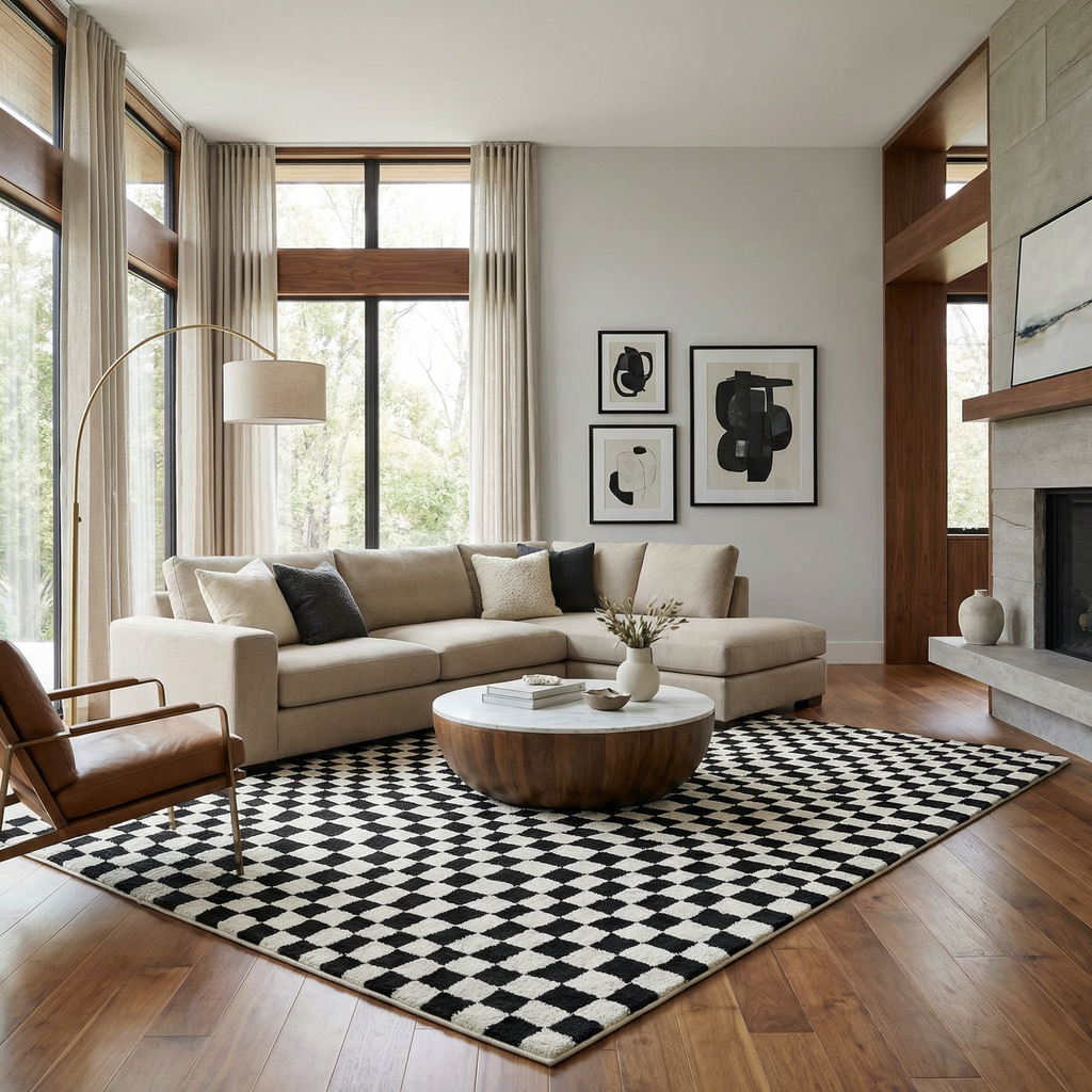 Lajos Black & White Checkered Plush Rug