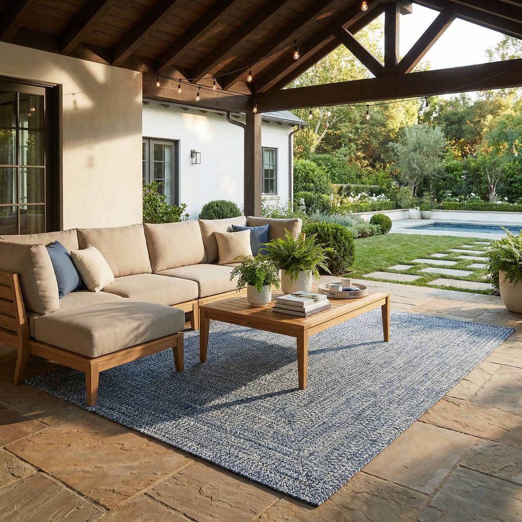 Blue Braided Faux Jute Outdoor Rug