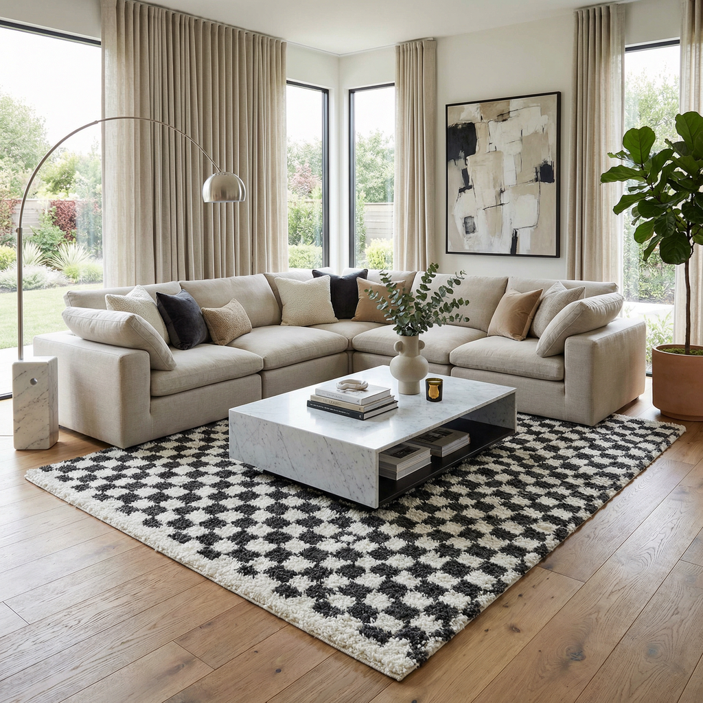 Kieu Black & White Checkered Shag Rug